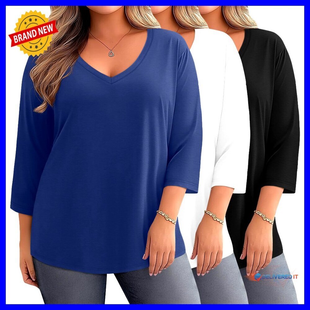 Plus Size 3/4 Sleeve V-Neck T-Shirts, 3-Pack Cotton Blend Loose Fit Tops